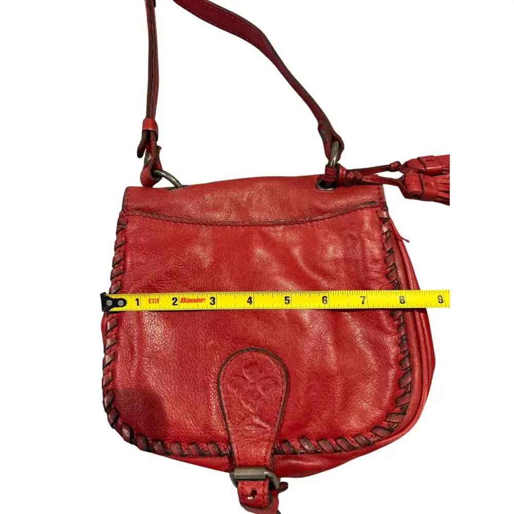 Patricia Nash Karisa Leather Whipstitch Saddle Bag Berry Red Tassels
